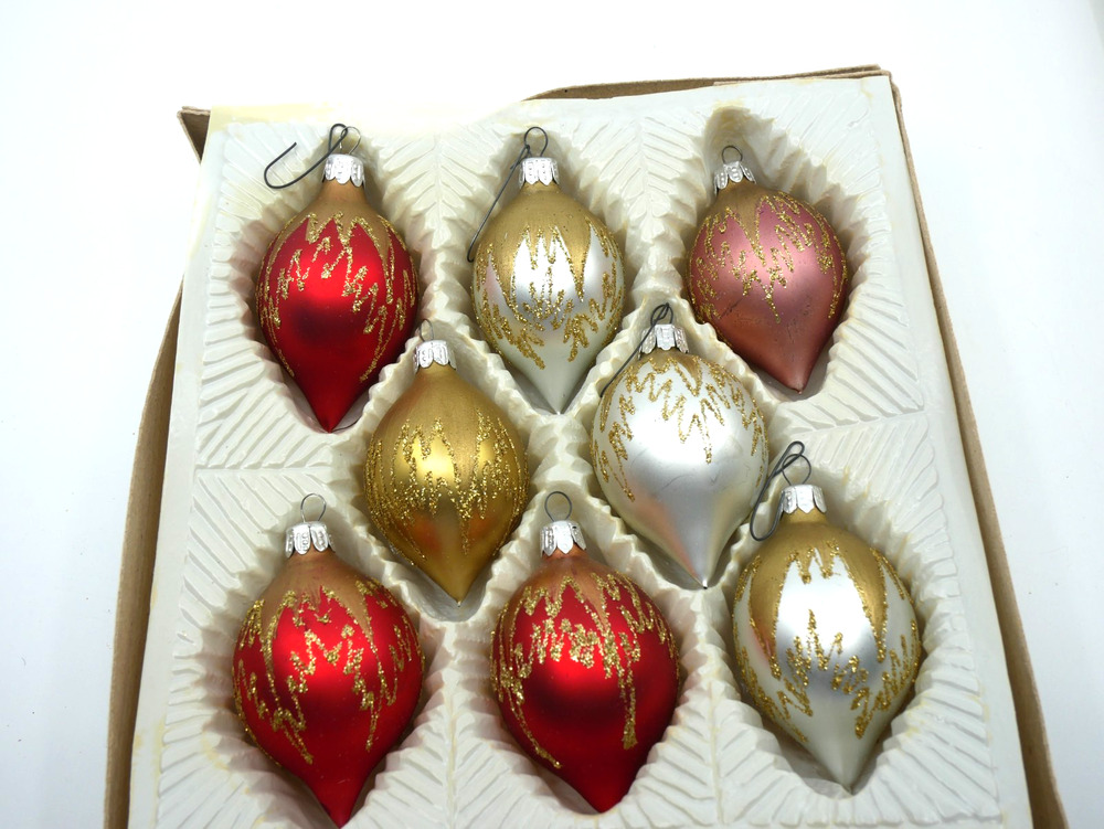 VTG Christmas Classics Hand Decorated Glass Teardrop Ornaments Set of 8